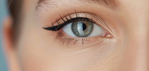 Obraz premium A macro image of a beauty girl's eye with perfectly applied eyeliner and a hint of shimmering eyeshadow, highlighting the artistry