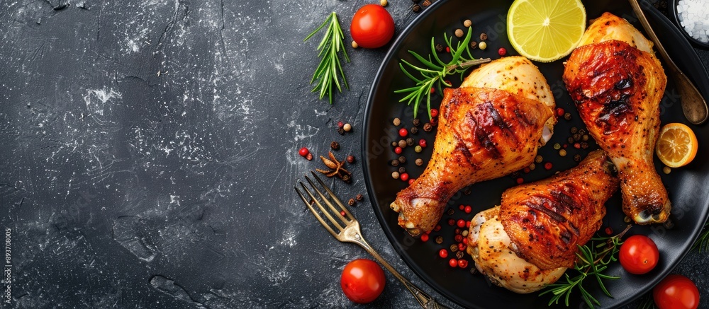 Poster healthy menu concept featuring boiled chicken legs on a food background in a top view with copy spac