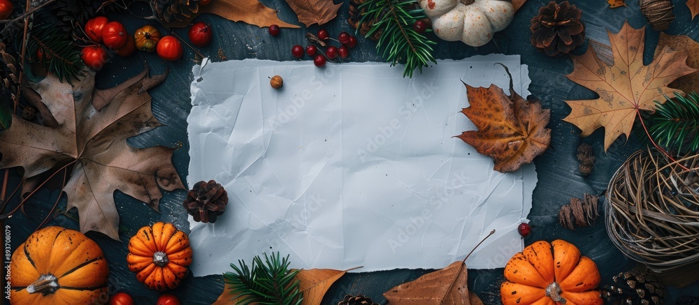 Poster top-down view of an autumn-themed setup featuring a blank paper, dried leaves, and a pumpkin on a ta