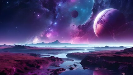 Science fiction fantasy planet and moon landscape, paradise. Purple graphic of the cosmos, galaxy, and universe, space wallpaper with astronomy and nebula atmospheric exploration