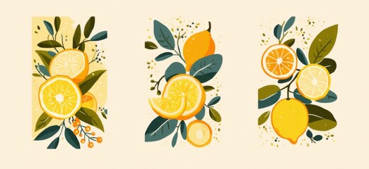 Minimalist Lemon Fruit Design in White Frame on Cream Background: Three Separate Panels Side by Side in Neutral Tones