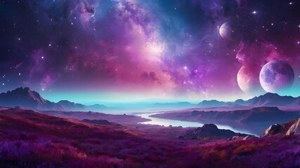 Science fiction fantasy planet and moon landscape, paradise. Purple graphic of the cosmos, galaxy, and universe, space wallpaper with astronomy and nebula atmospheric exploration