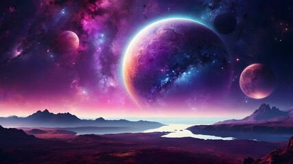 Science fiction fantasy planet and moon landscape, paradise. Purple graphic of the cosmos, galaxy, and universe, space wallpaper with astronomy and nebula atmospheric exploration