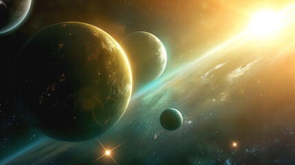 Cosmic scene with multiple planets and a bright star illuminating the space, featuring stars and cosmic dust in a colorful, mystical space environment.
