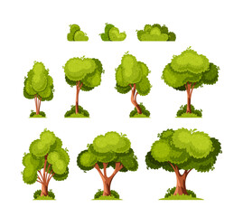 Fototapeta premium Collection Of Various Cartoon Green Trees And Bushes Isolated On White Background Perfect For Game Design