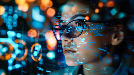 A woman in glasses examining digital interfaces with data overlaying her face. UX coding, big data analytics, artificial intelligence, technology, and innovation in high-tech environment. Close up