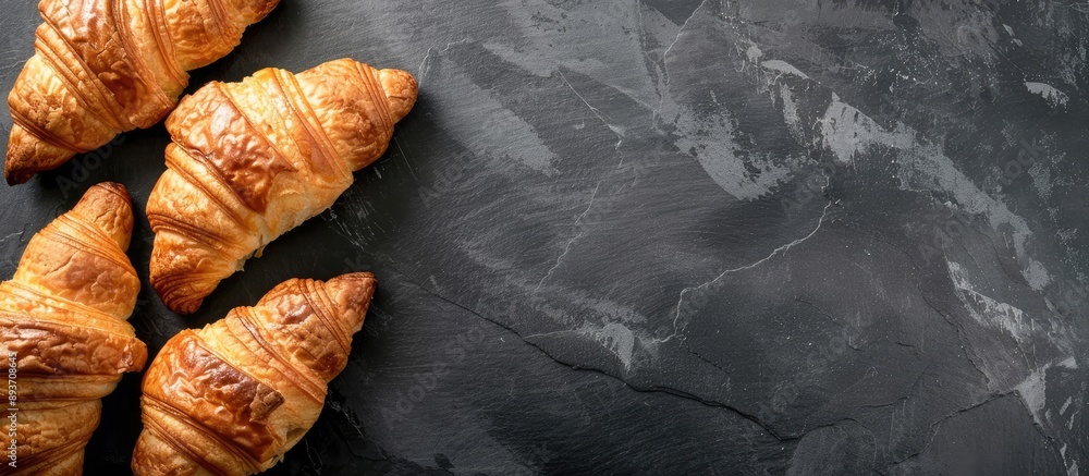 Poster top view of fresh croissants arranged on a black slate background with ample copy space image.
