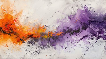 Abstract painting with vibrant orange and purple splashes on a light background, expressing dynamic energy and artistic creativity.