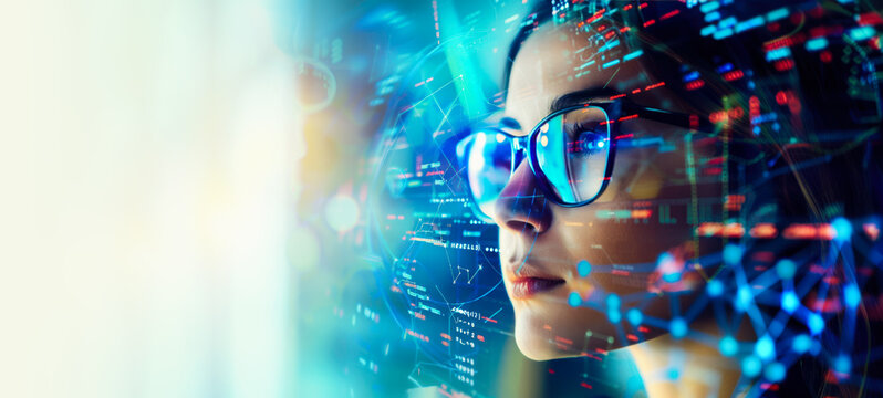 A woman in glasses examining digital interfaces with data overlaying her face banner. UX coding, big data analytics, artificial intelligence, technology, and innovation in high-tech environment