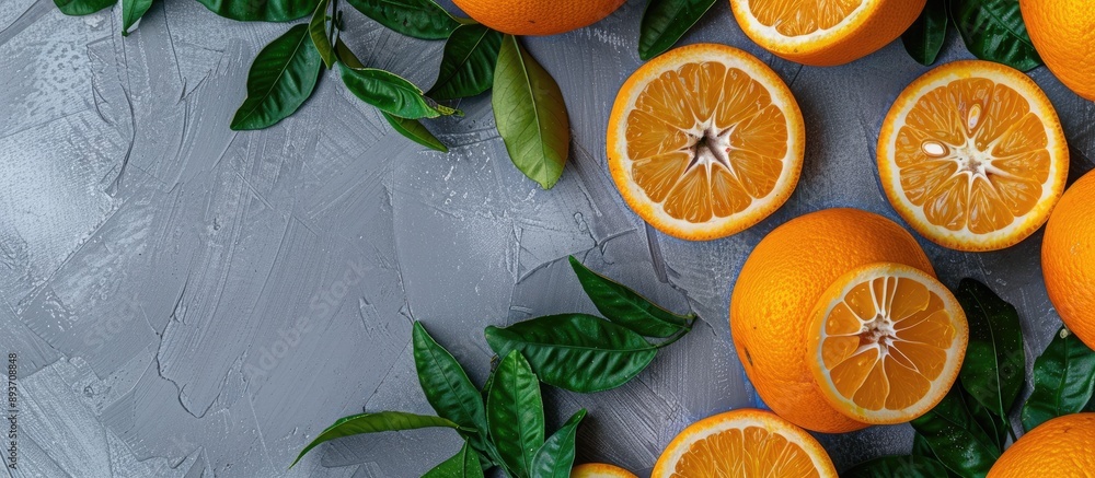 Poster top-down view of whole and halved sicilian oranges on a gray surface, alongside cut slices, all with