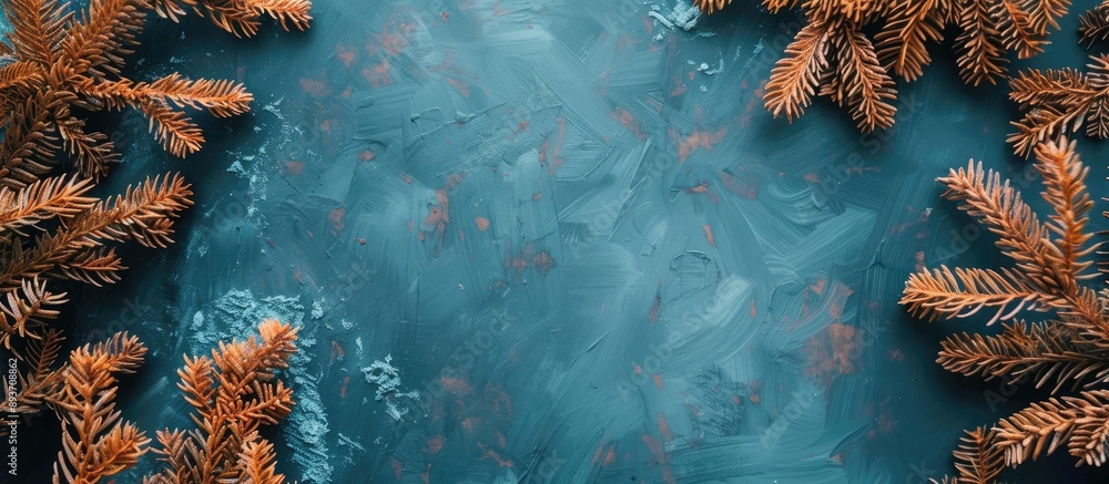Poster top-down view of a frame made from rustic orange pine branches on a blue backdrop with space availab