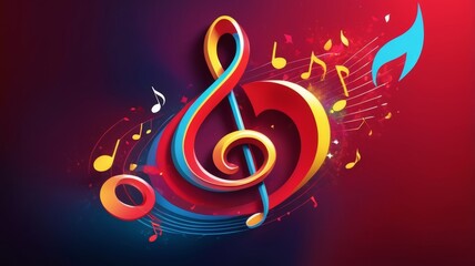 Abstractly flying colorful musical notes on vibrant music background.