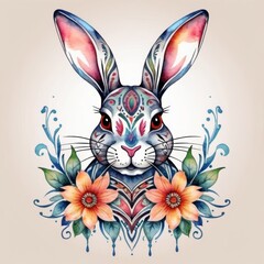 Obraz premium Watercolor illustration of a cute rabbit surrounded by colorful flowers, with a flower crown on its head.