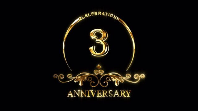 3rd Anniversary Celebration. Happy 3 Years Anniversary Animation in Gold Color on the Transparent Background, Alpha Channel. Great for greetings, celebrations, events, and gifts.