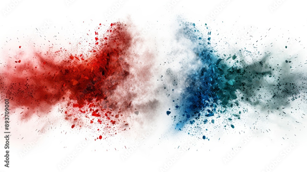Poster dynamic explosion of red and blue powder particles on a white background, creating an abstract and v