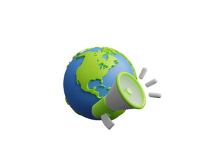 3D World and megaphone icon isolated on transparent background, SEO concept, Search Engine Optimization, Digital marketing icon. Content, website, social media, sales and online advertising. 3d render