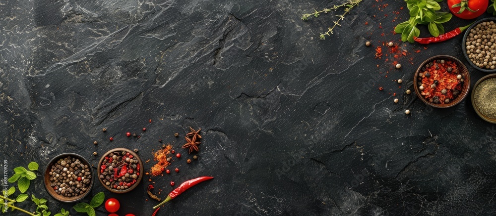 Poster top view display of spices and herbs on a black stone background with copy space image.