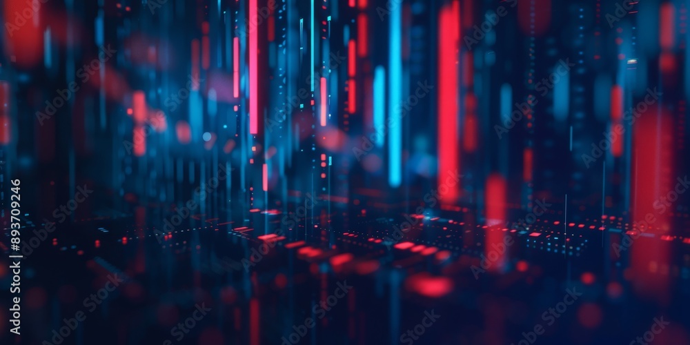 Poster abstract binary data and cyber space network in blue and red for technology and finance backgrounds.