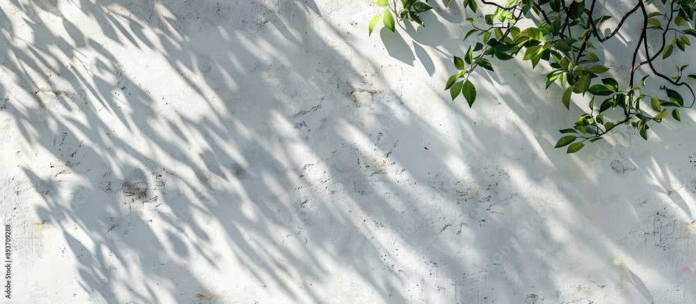 Poster natural leaves and tree branches create abstract background with sunlight shadows on a white concret