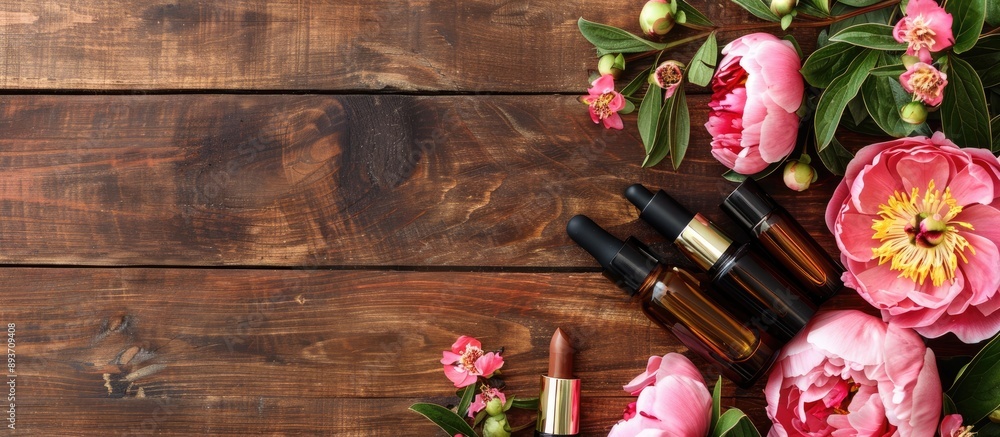Poster top view of cosmetic bottles and peony flowers arranged on a wooden surface in a flat lay compositio