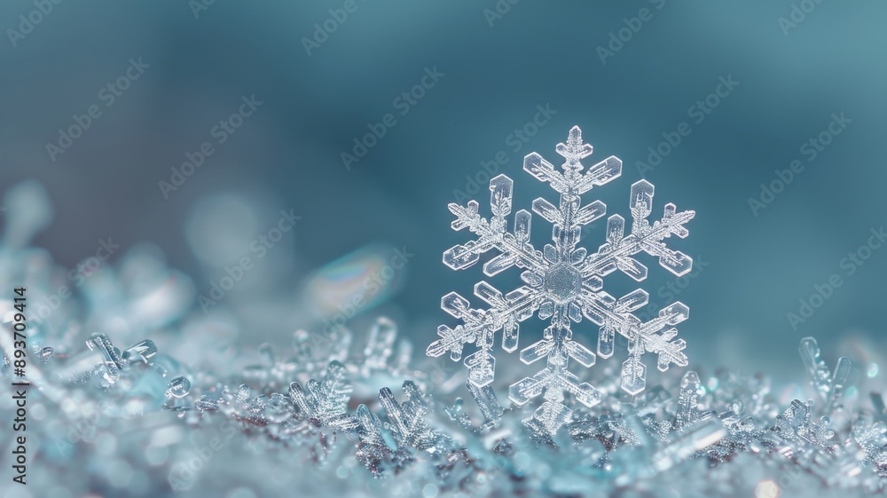 Aufkleber a macro shot of a snowflake on a cold surface, revealing its delicate and intricate crystalline stru