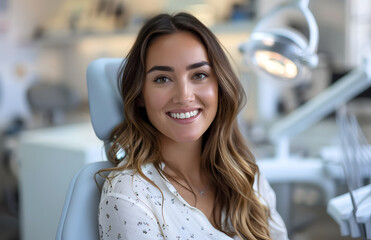 a girl happy with the result of her visit to a dental clinic lying on a chair