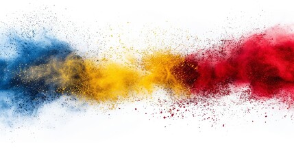 Vibrant abstract image with dynamic blue, yellow, and red powder explosion on white background, symbolizing energy and creativity.