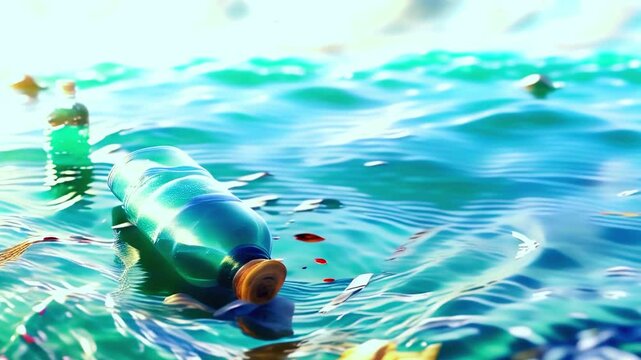 Plastic pollution in ocean floating bottles environmental crisis marine debris water contamination microplastics sea pollution waste management eco-friendly solutions clean oceans

