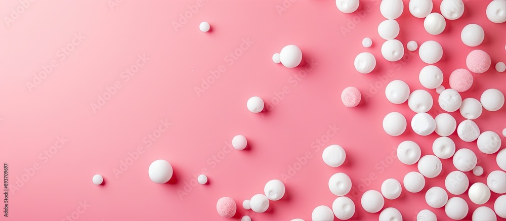 Aufkleber pink background with white foam balls in a flat lay arrangement, creating a copy space image.