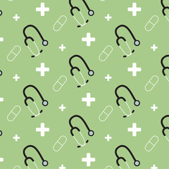 Seamless pattern with stethoscopes, white crosses on green background for medicine, wrapping, 