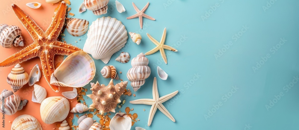 Aufkleber top view of a flat lay composition featuring a variety of sea shells and starfish on a colored table