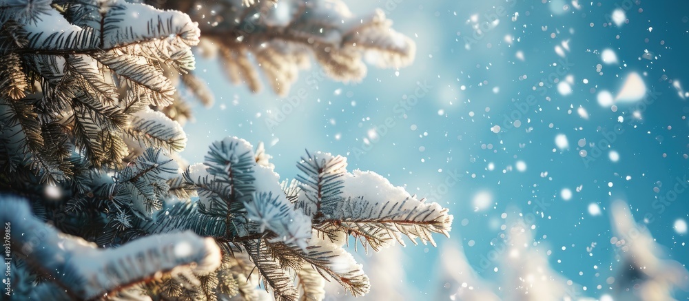 Aufkleber snow falling from a pine tree with a blue sky in the background creates a serene winter scene with c