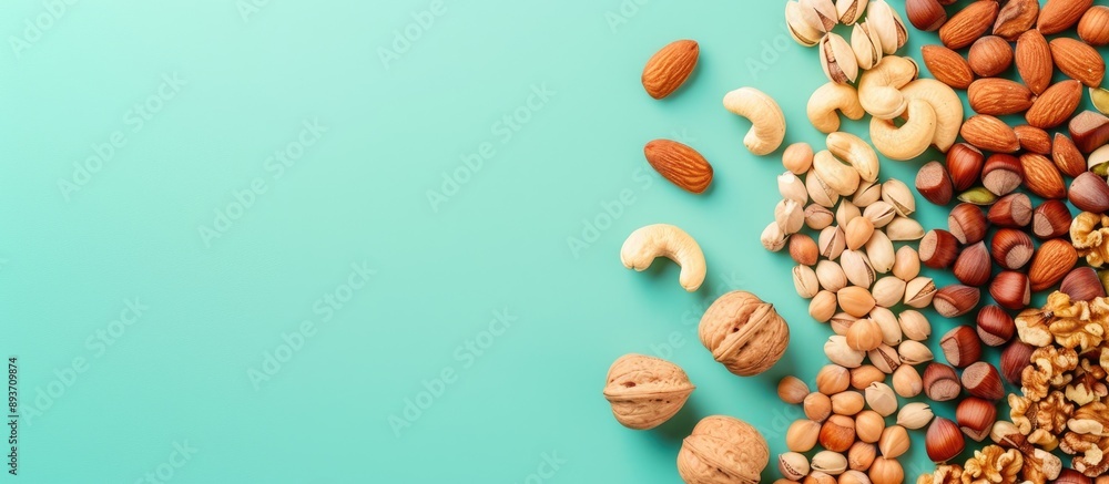 Poster organic mixed nuts arranged in a flat lay composition on a colored background with copy space image.