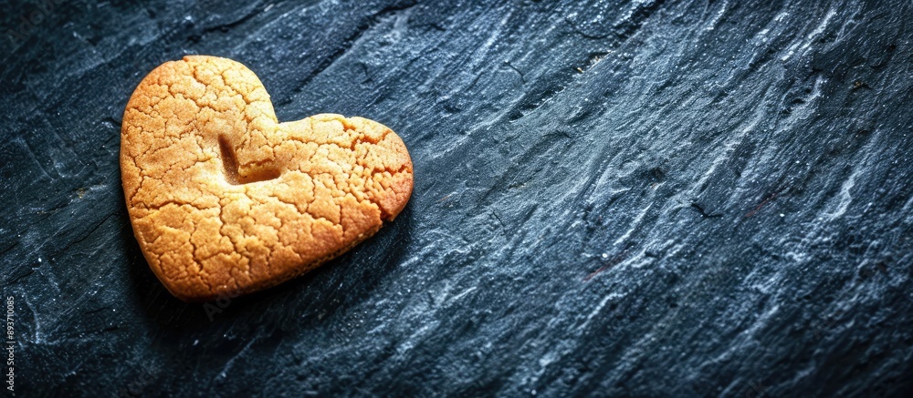 Poster heart-shaped cookie with a love message on a black table with ample space for text or images.