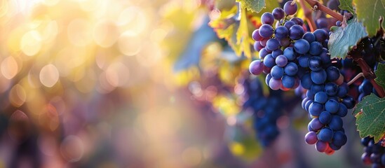Horizontal image with selective focus showcasing ripe grapes dangling on a lush vine, with room for text or design (copy space image).