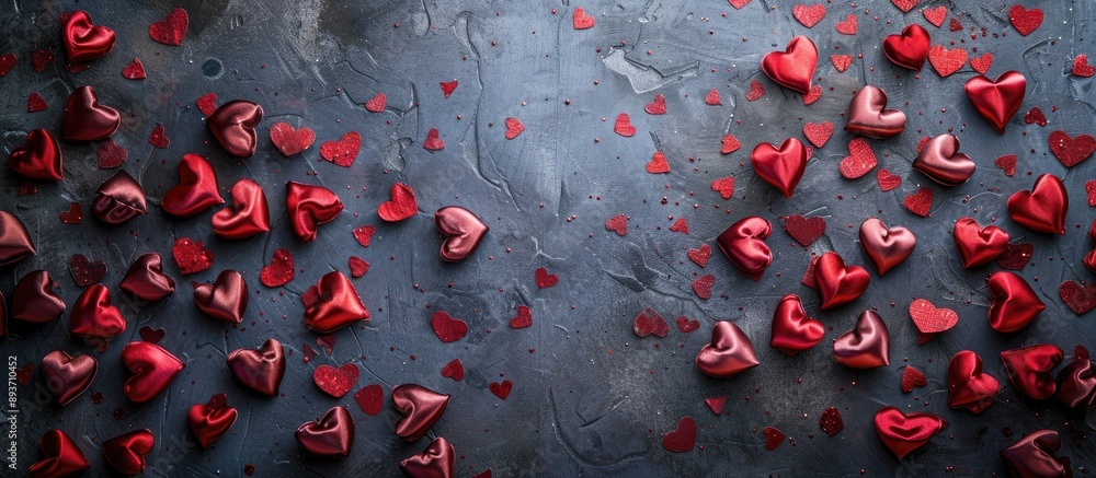 Poster love concept shown with numerous red silk hearts on a grey paper backdrop with empty space for text 
