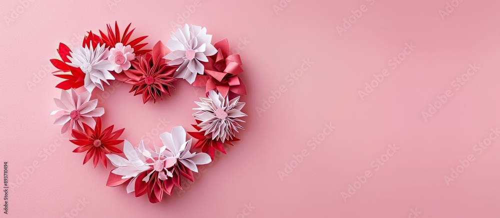 Poster top view of a red and white handcrafted paper heart valentine's frame against a pink backdrop with a