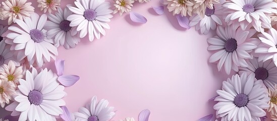 Romantic wallpaper featuring a frame of white and purple daisies on a pink background with a flat top view, ideal for text placement within the copy space image.
