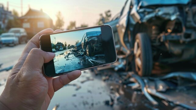 hand holding smartphone and taking photo at car accident scene for car insurance claim