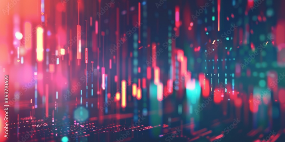 Poster abstract visualization of financial market chart with red and blue lighting representing data trends