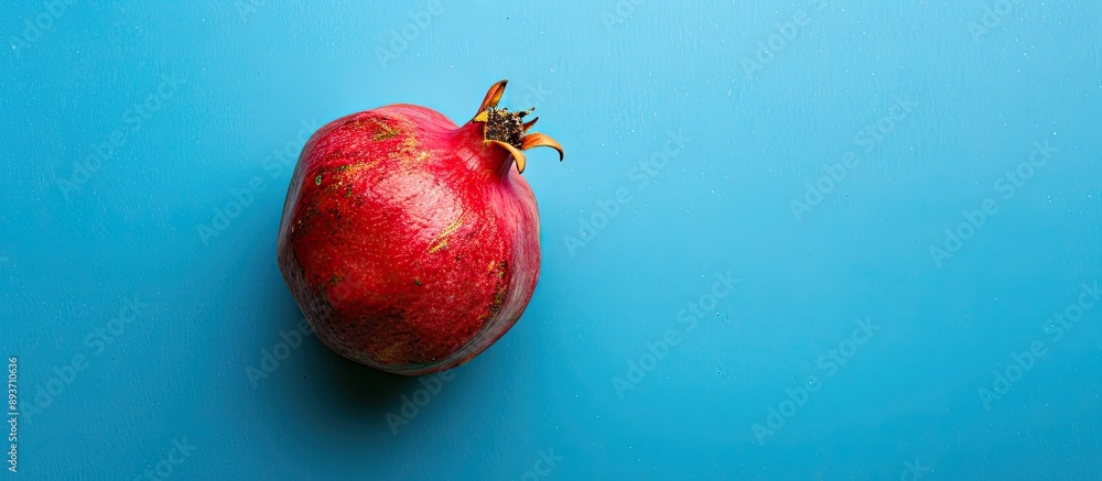 Poster top view of a ripe pomegranate fruit against a blue background, ideal for text placement in a simpli