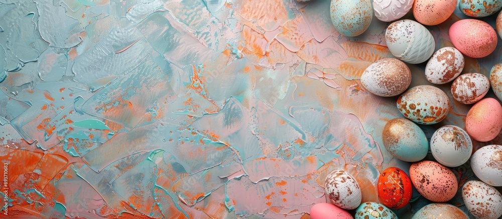 Poster top view of a frame created with colorful easter eggs on a painted background, with room for text in