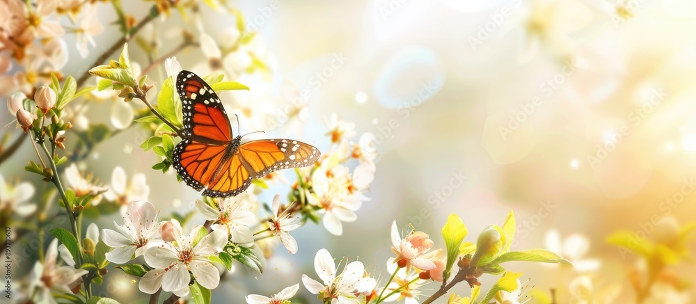 Poster spring blooms with a beautiful butterfly on a captivating background with copy space image.