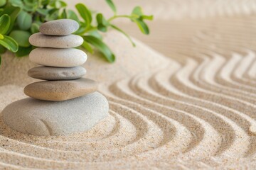 A peaceful Zen rock garden with carefully arranged stones and a raked sand pattern