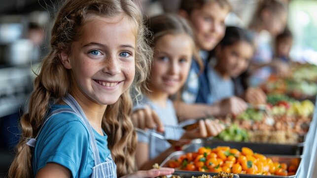 Children smiling and holding their school lunch in the line at the dining hall, with a blurred background of other students eating and soft focus.