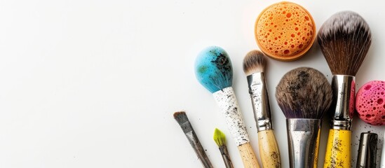 Old and dirty sponge and makeup brushes depicted on white background with copy space image.