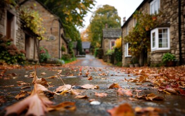 A quaint village street in the autumn, with leaves scattered on the ground and charming stone cottages