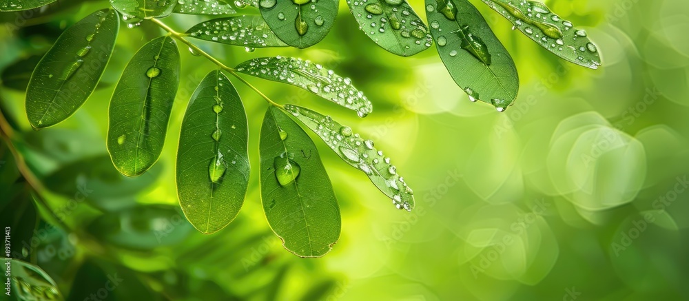 Poster macro photograph of raindrops on an acacia leaf, creating a nature-themed green background with copy