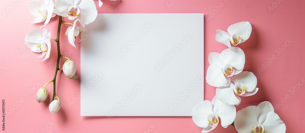 Poster top-view flat lay of a blank paper adorned with white orchids on a pink backdrop, designed for addin