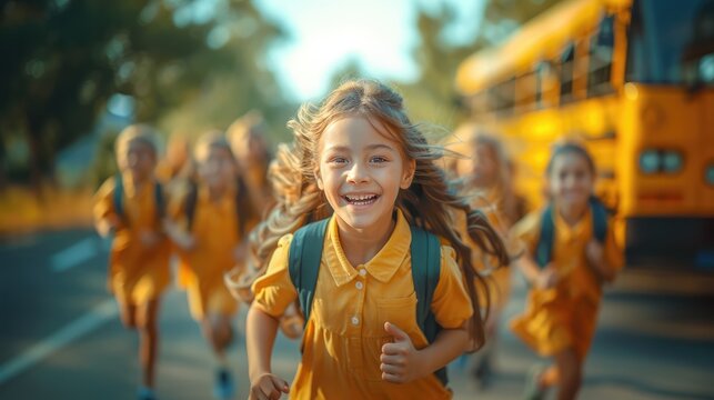 Portrait of group of smiling diverse primary school kids wearing same school uniform running to school .